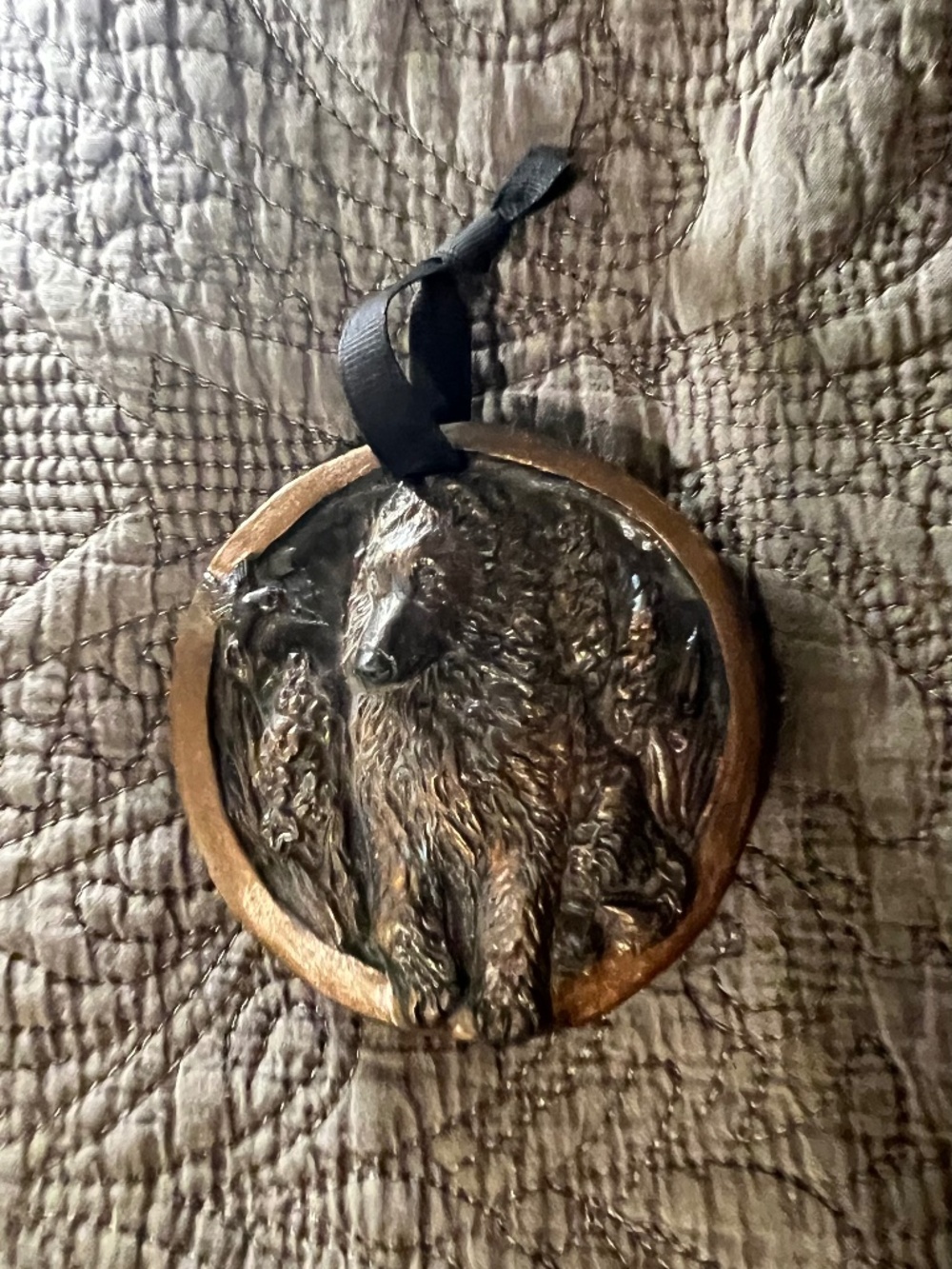 Dog and Bird Medallion Embossed Copper (?)  Decor Ornament Art